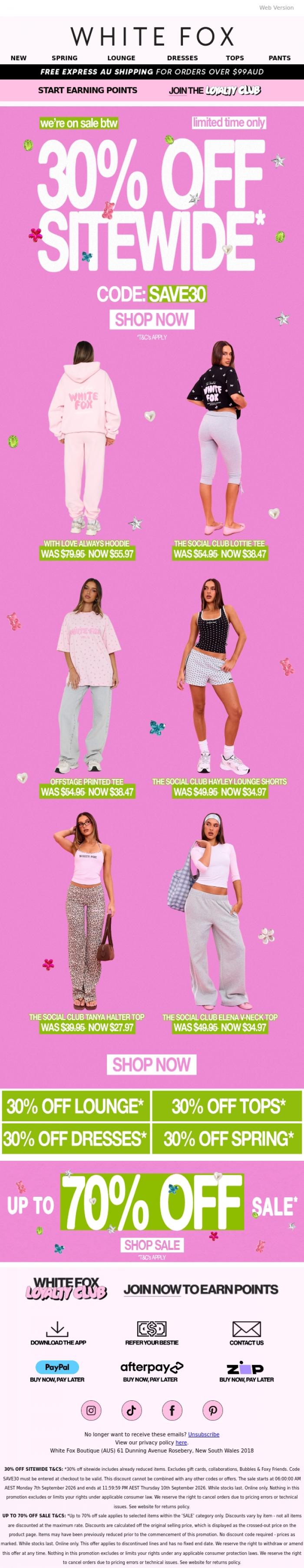 Email Design Inspiration from White Fox Boutique, 30% OFF ALL LOUNGE 🤏