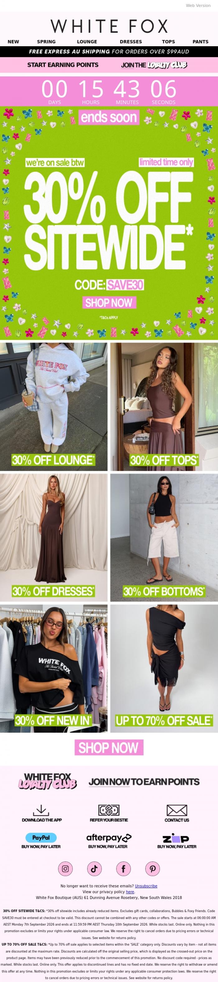 Email Design Inspiration from White Fox Boutique, ENDS TONIGHT: 30% off sitewide ⏰