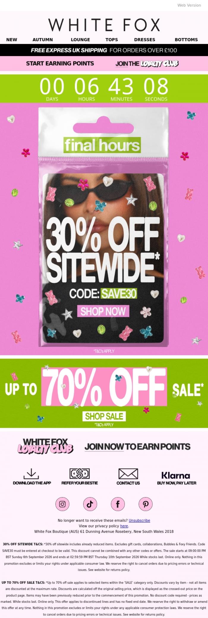 Email Design Inspiration from White Fox Boutique, FINAL CALL: 30% off sitewide 🚨