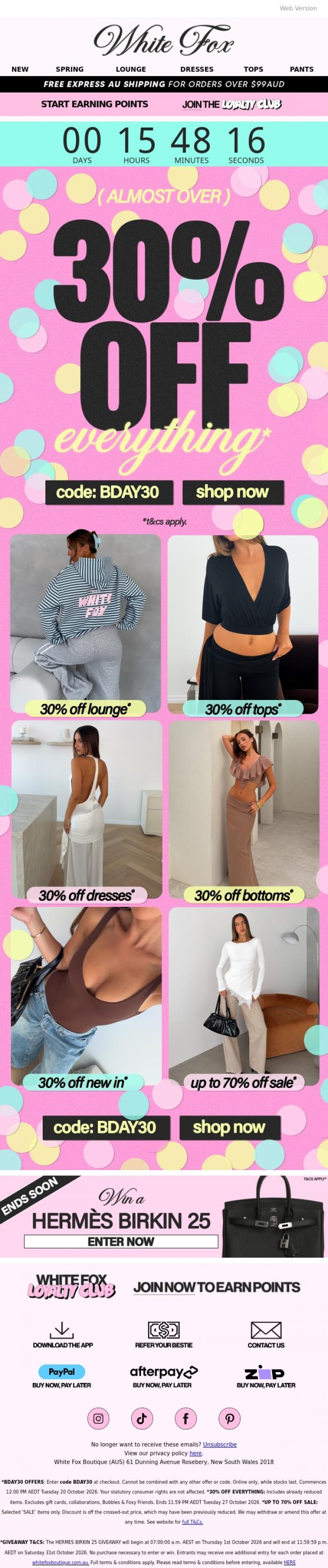 Email Design Inspiration from White Fox Boutique, ENDS TONIGHT: 30% off everything ⏰