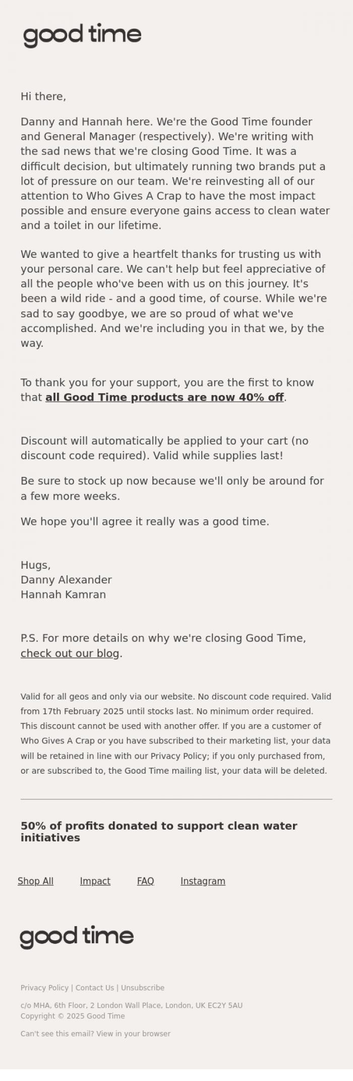 Email Design Inspiration from Who Gives A Crap, Sad news from Good Time