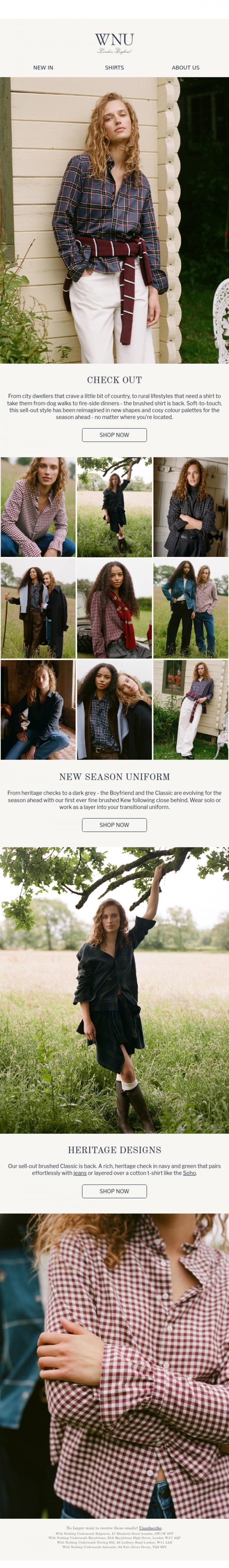 Email Design Inspiration from With Nothing Underneath, NEW IN: Fine brushed shirts