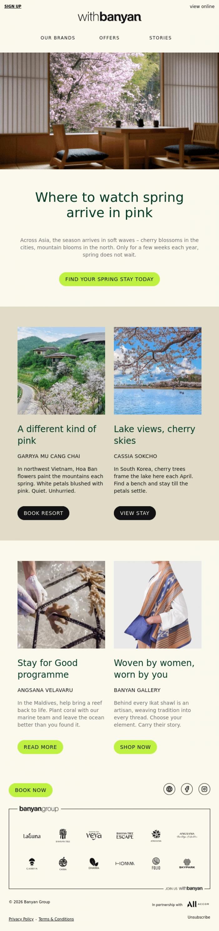 Email Design Inspiration from withBanyan, Best places to stay and view cherry blossoms