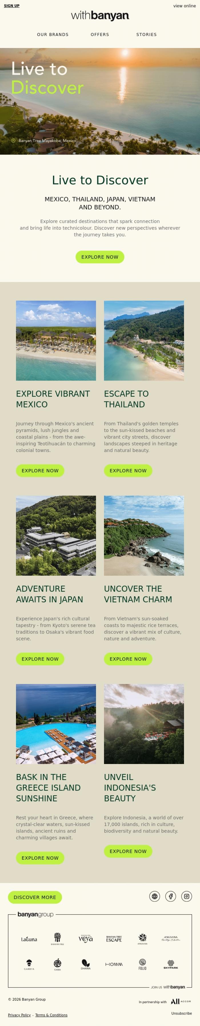 Email Design Inspiration from withBanyan, Discover Mexico, Thailand, Japan, Vietnam and more.