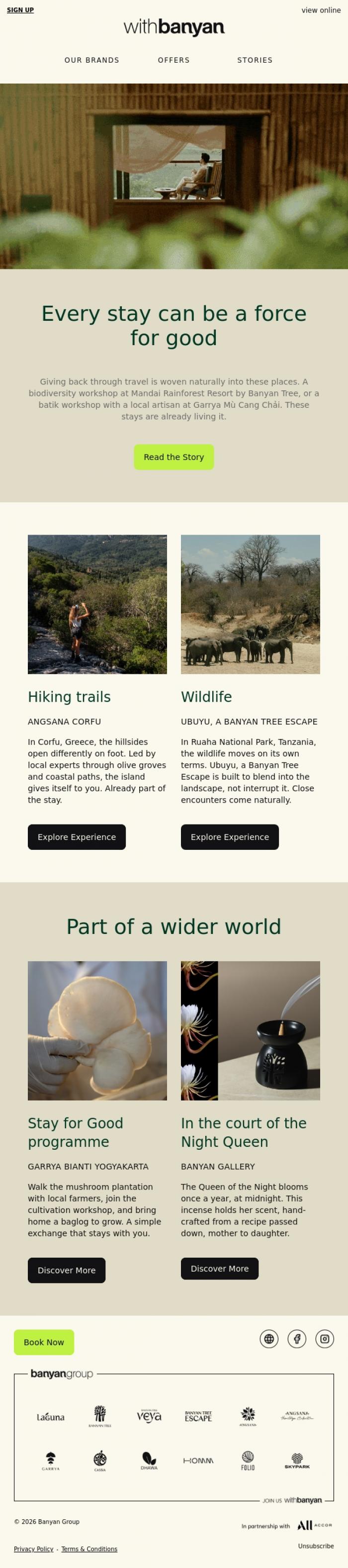 Email Design Inspiration from withBanyan, Choose stays that give back