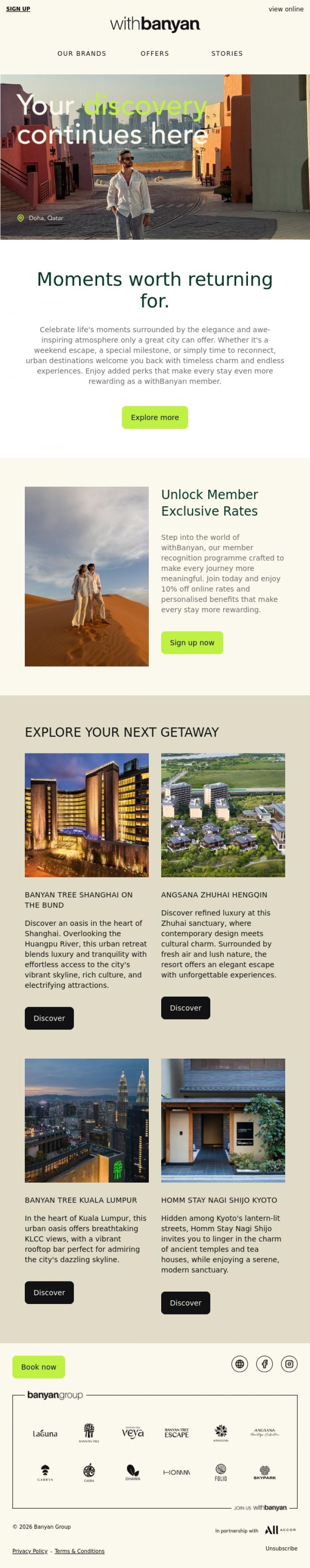 Email Design Inspiration from withBanyan, Moments worth returning for.