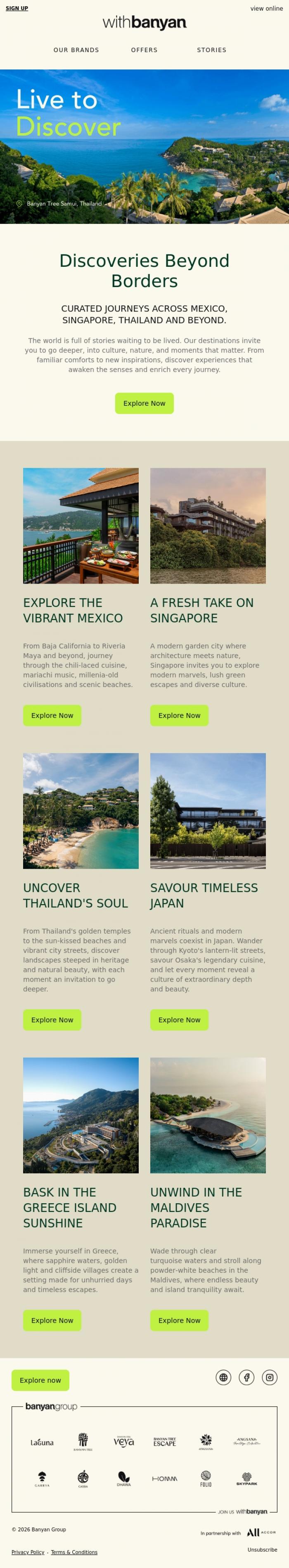 Email Design Inspiration from withBanyan, Your Journey Begins Here: Explore Destinations from Mexico to the Maldives
