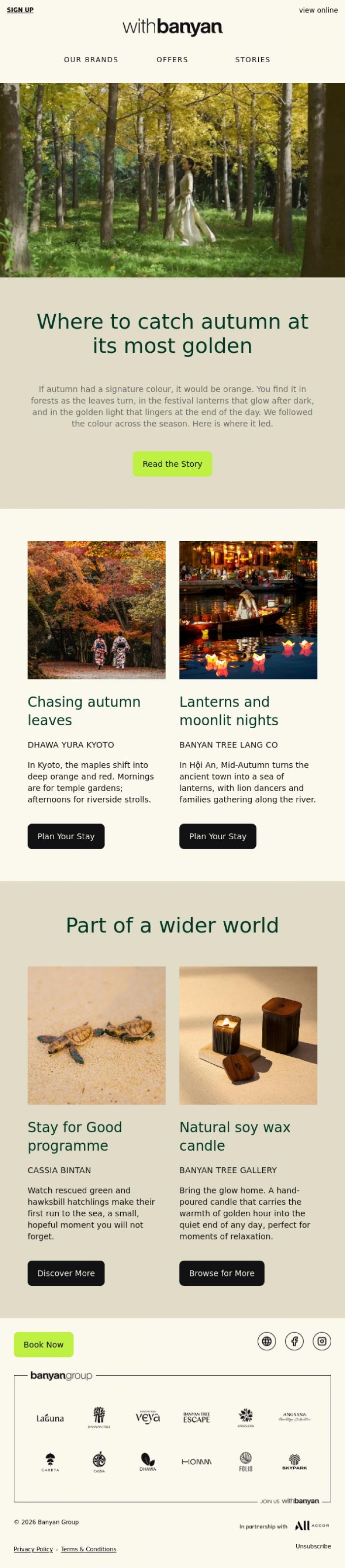 Email Design Inspiration from withBanyan, Travel to where autumn glows orange