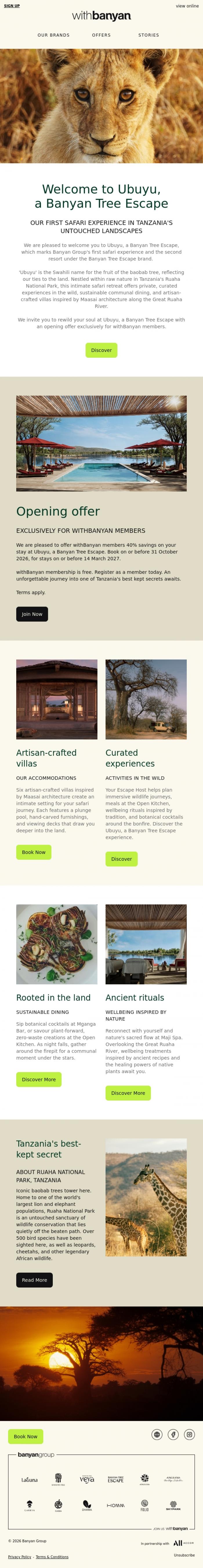 Email Design Inspiration from withBanyan, Welcome to Ubuyu, a Banyan Tree Escape