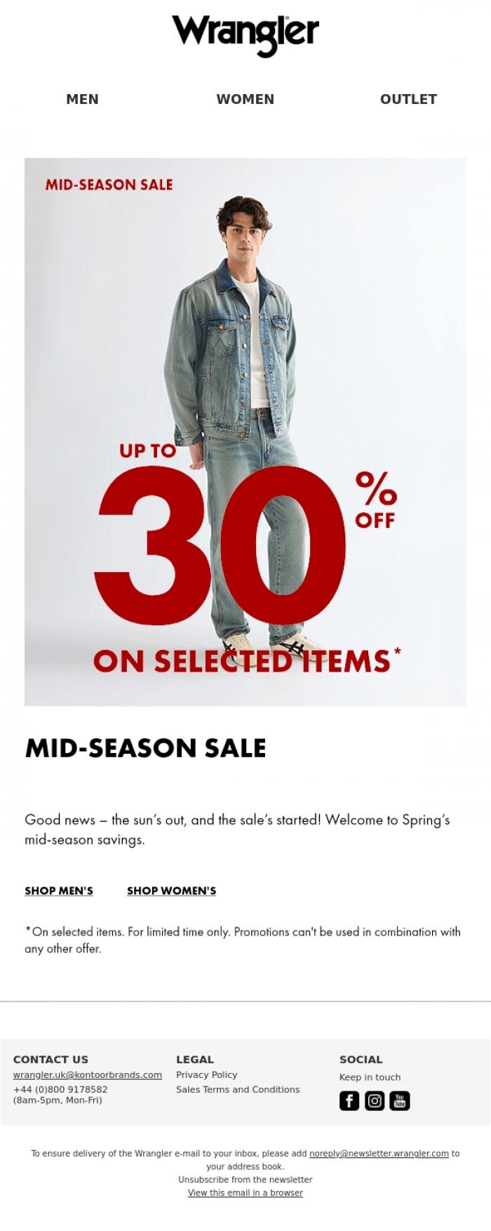 Email Design Inspiration from Wrangler, Sale! It's that mid-season savings feeling
