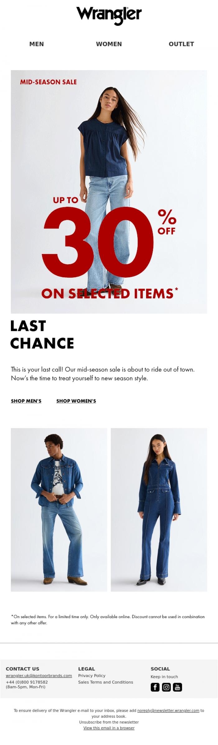 Email Design Inspiration from Wrangler, Ending soon - last chance for mid-season sale prices ⌛️