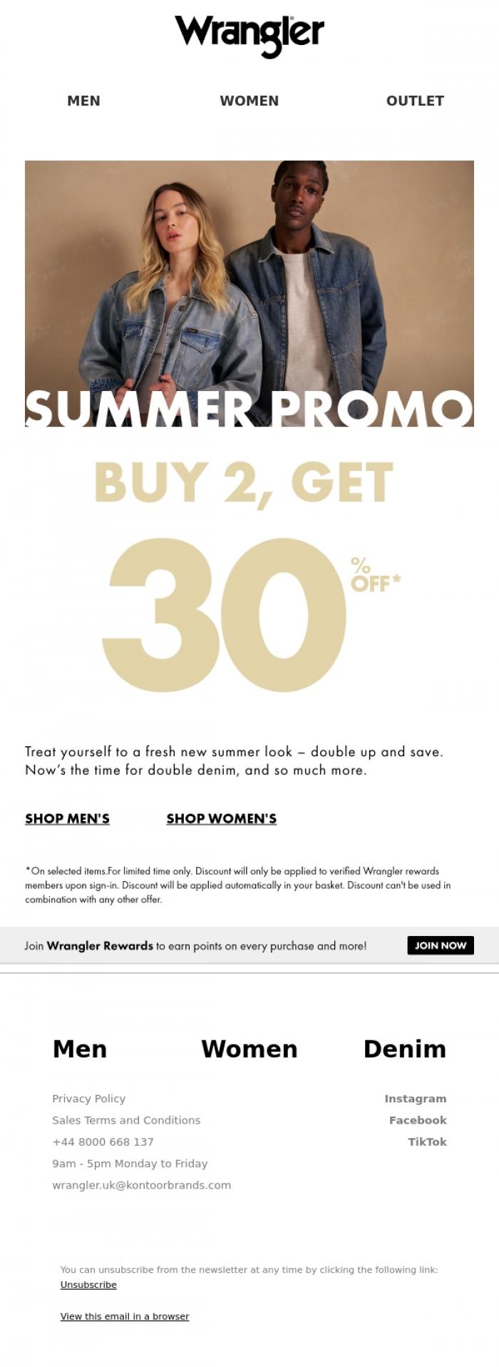 Email Design Inspiration from Wrangler, SALE! Buy 2, enjoy 30% off