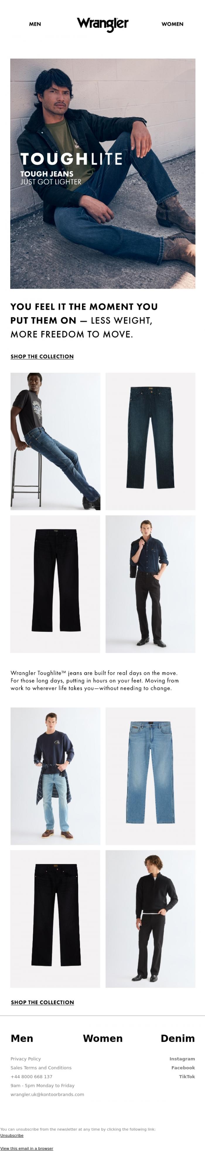 Email Design Inspiration from Wrangler, Wrangler Toughlite is here. Up to 20% lighter. All Wrangler.​