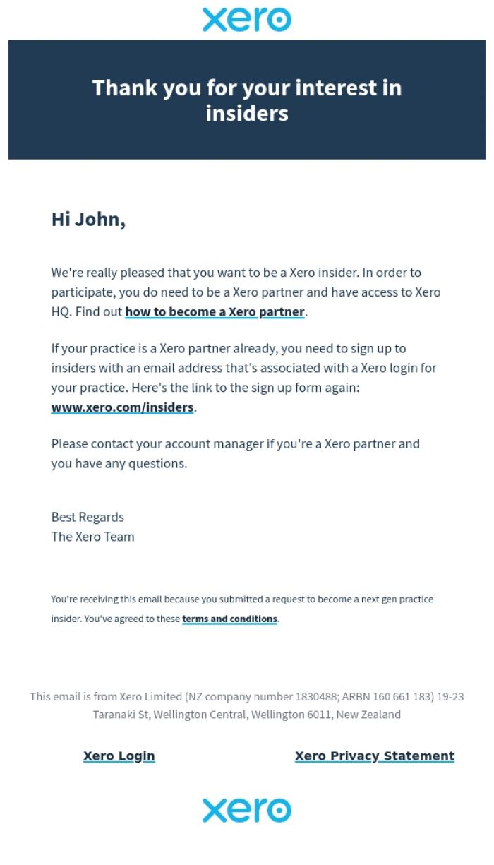 Email Design Inspiration from Xero, Thank you for your interest in insiders