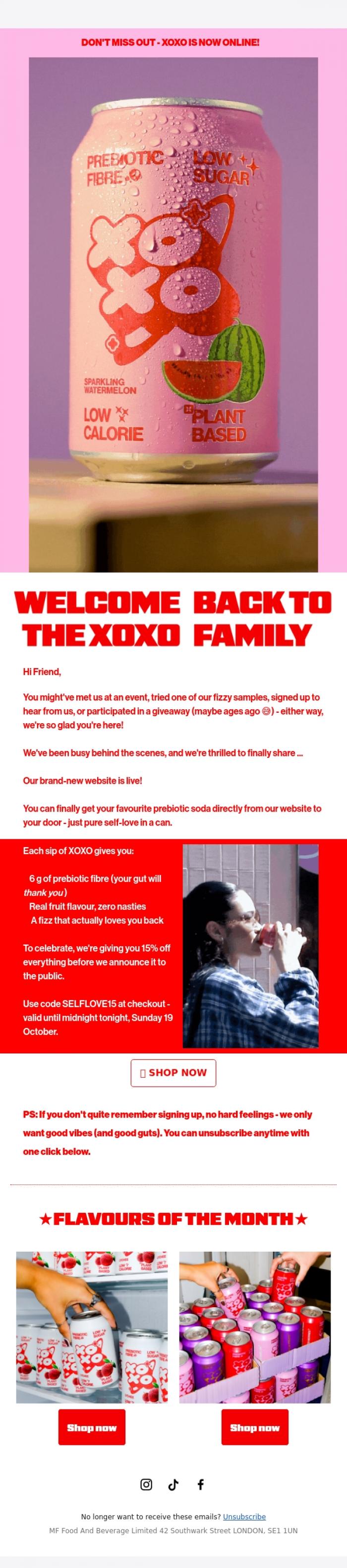 Email Design Inspiration from XOXO SODA, Self love in a can 💖