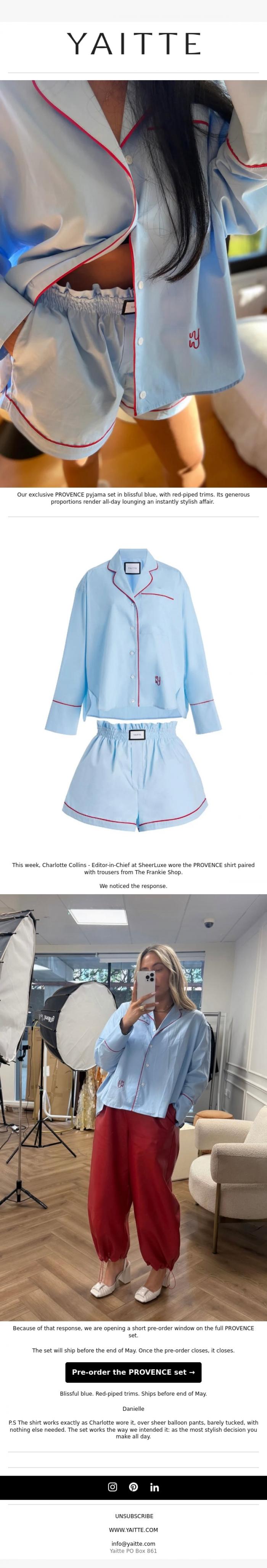 Email Design Inspiration from YAITTE, Charlotte Collins was wearing it this week