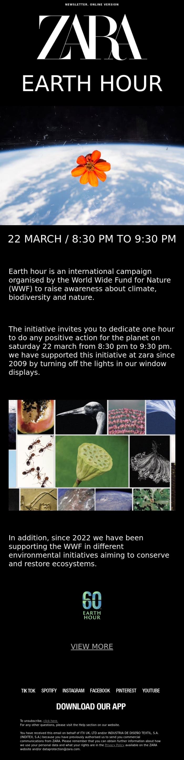 Email Design Inspiration from Zara, EARTH HOUR | 22 MARCH | 8:30 PM TO 9:30 PM