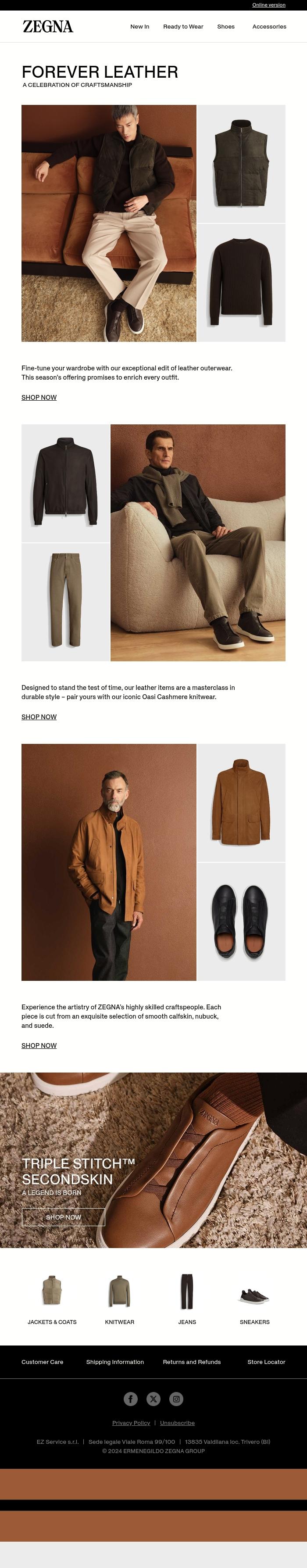 Email Design Inspiration from Zegna, Forever leather outerwear