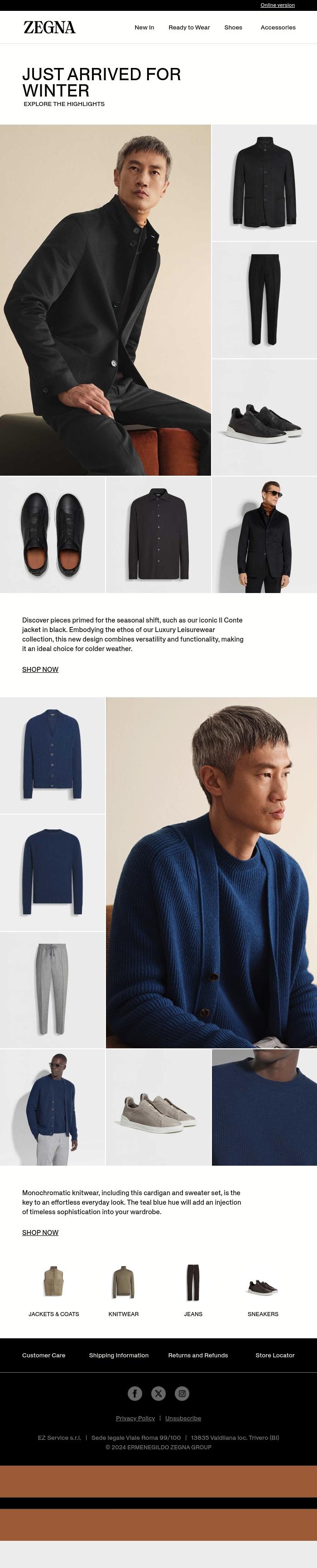 Email Design Inspiration from Zegna, Just arrived for winter