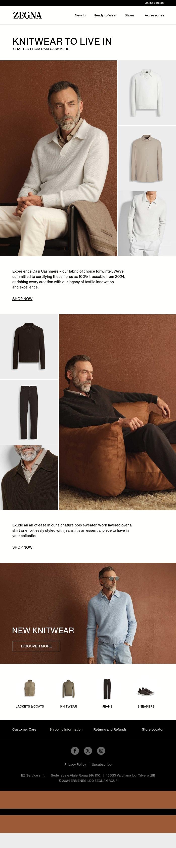 Email Design Inspiration from Zegna, Knitwear to live in