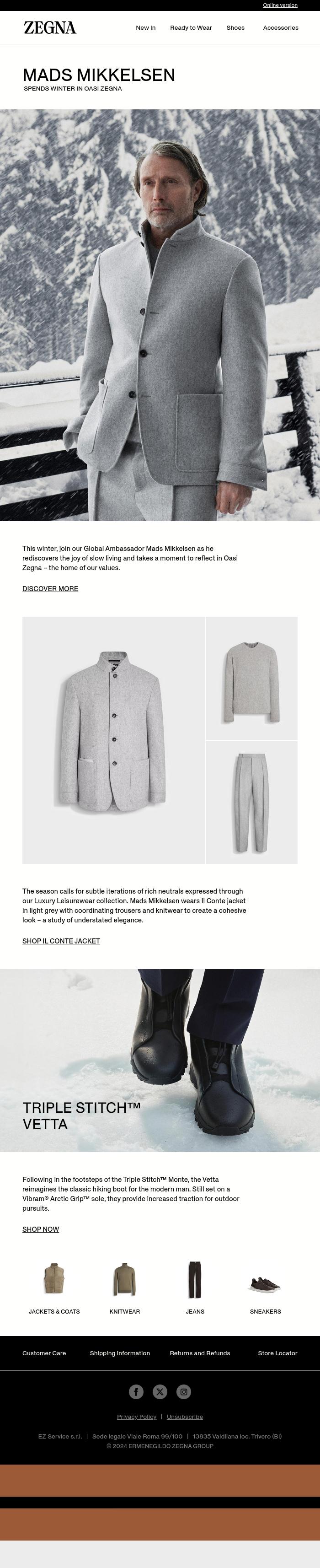 Email Design Inspiration from Zegna, Mads Mikkelsen spends winter in Oasi Zegna