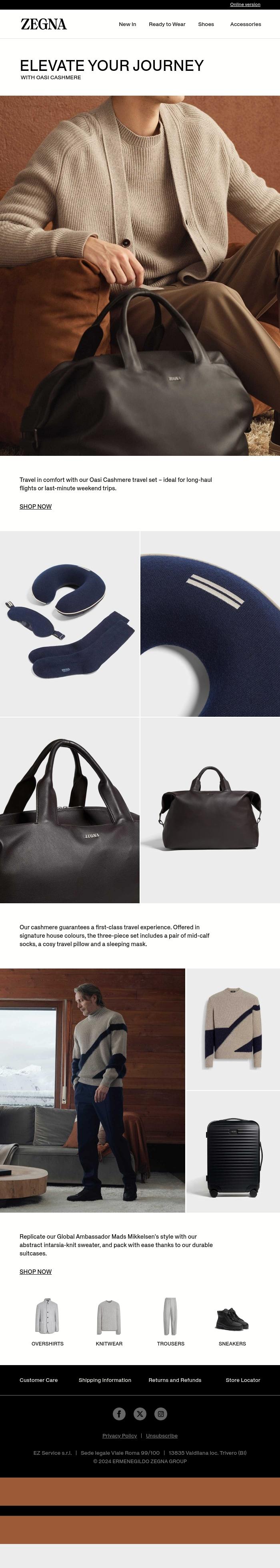 Email Design Inspiration from Zegna, Elevate your journey with Oasi Cashmere