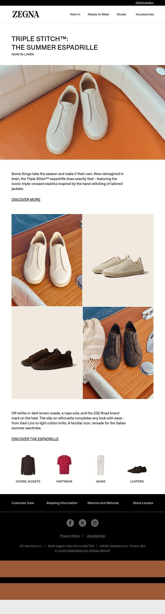 Email Design Inspiration from ZEGNA, Triple Stitch&trade;: the summer espadrille