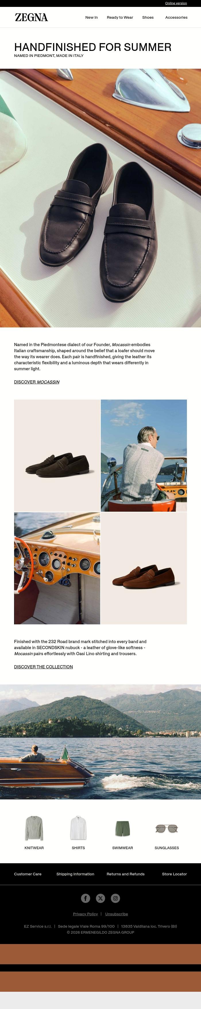Email Design Inspiration from ZEGNA, Mocassin: handfinished for summer