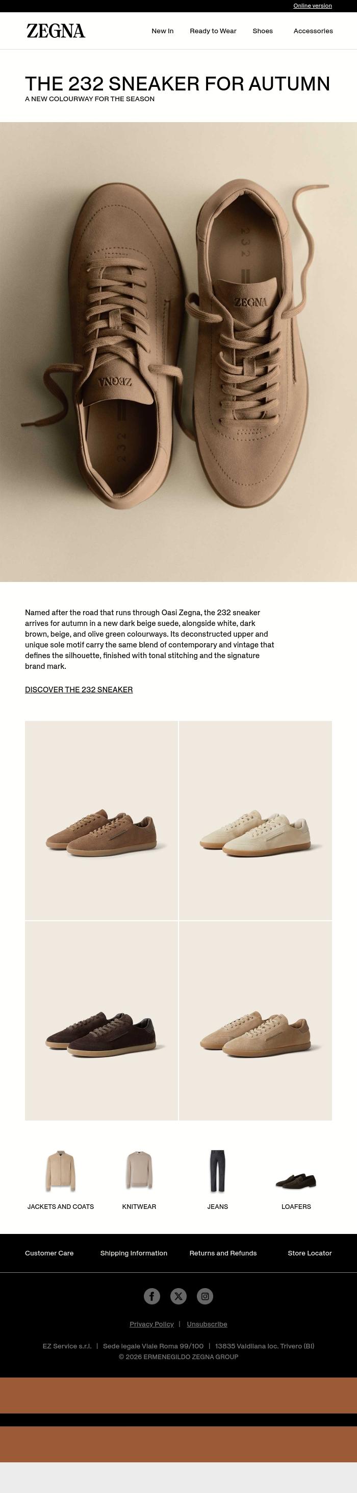 Email Design Inspiration from ZEGNA, The 232 sneaker for autumn​
