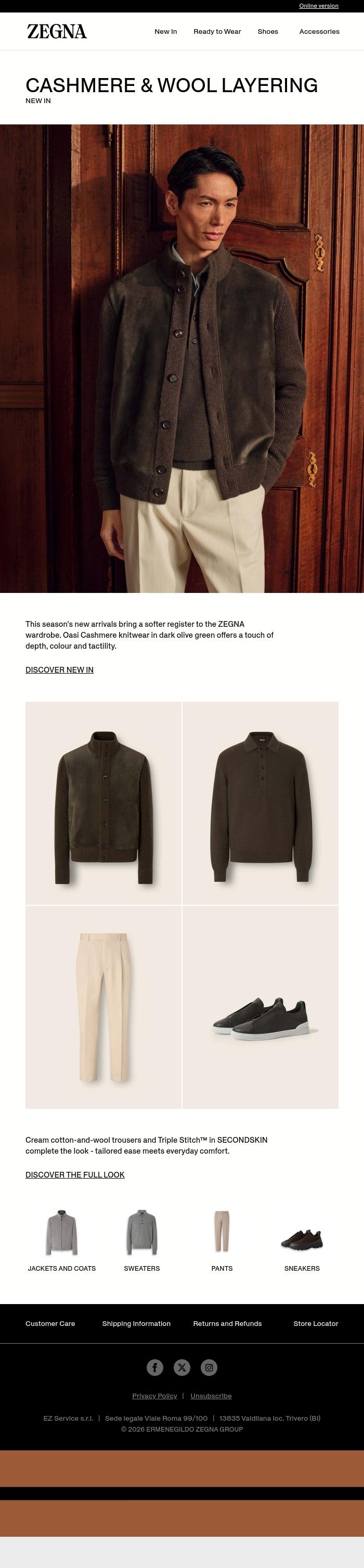 Email Design Inspiration from ZEGNA, New in: cashmere and wool layers
