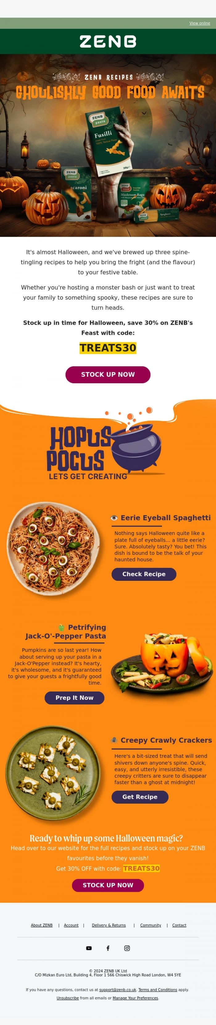 Email Design Inspiration from ZENB, Treats, Not Tricks: SPOOKtacular Halloween Recipes & 30% OFF 🎃