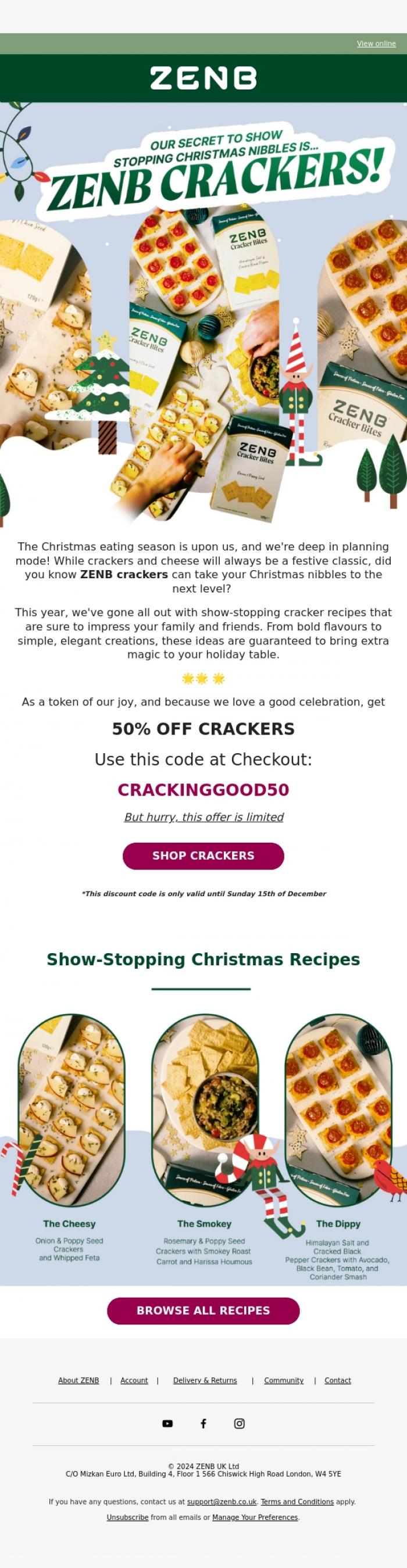 Email Design Inspiration from ZENB, 🎄50% Off Holiday Cheer with ZENB Crackers - Perfect with Cheese!
