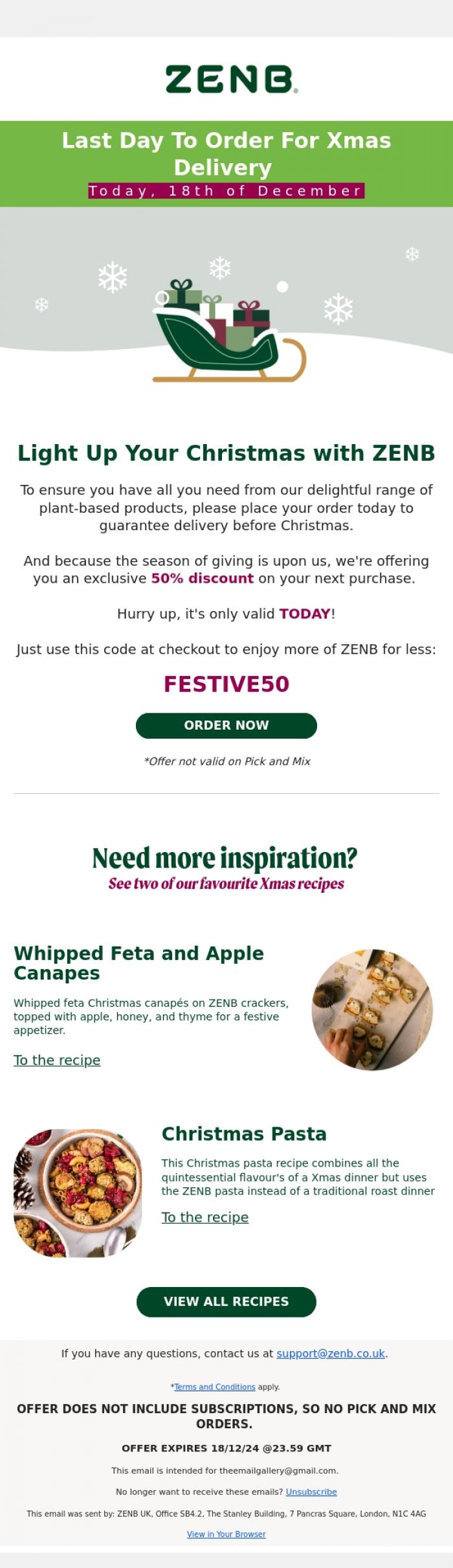 Email Design Inspiration from ZENB, 50% Off Your Favourites - Just in Time for Christmas Dinner🍝🎄