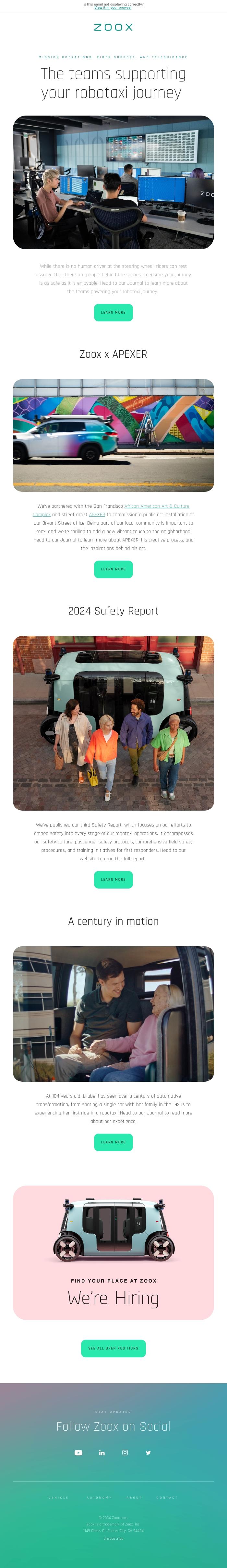 Email Design Inspiration from Zoox, Meet the people behind the operations of the Zoox robotaxi 🦾🤖