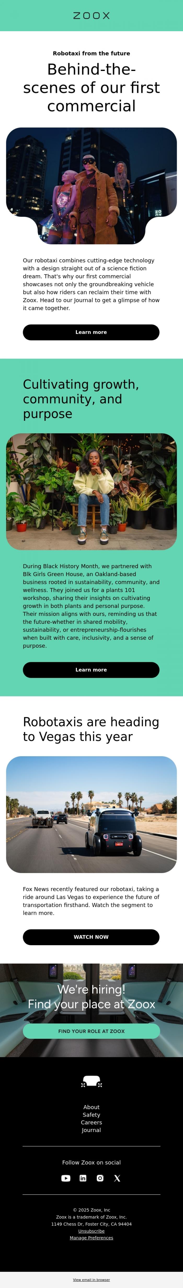 Email Design Inspiration from Zoox, A robotaxi from the future, made for riders of today 👽🛸