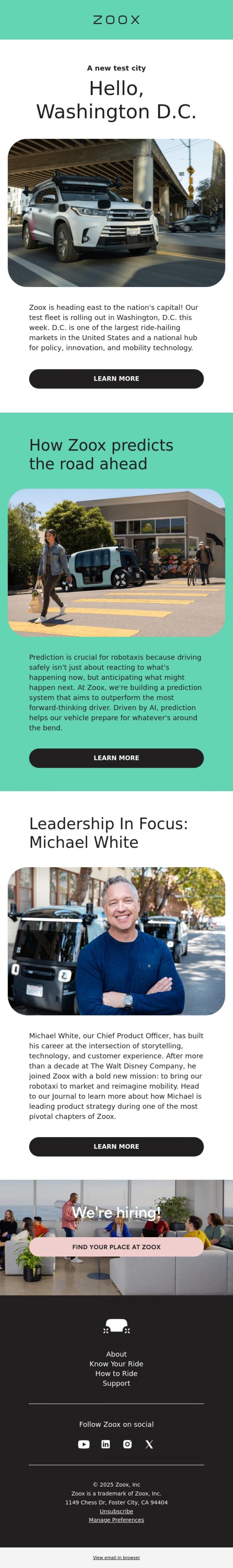 Email Design Inspiration from Zoox, Zoox is heading to D.C. 🇺🇸