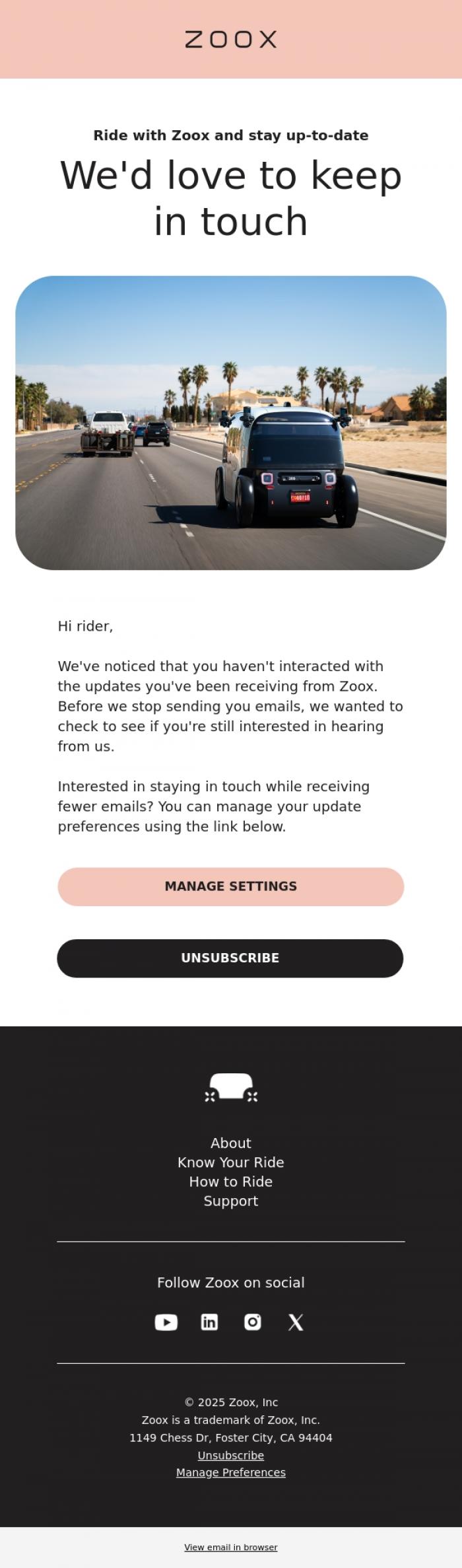 Email Design Inspiration from Zoox, Stay in touch with Zoox