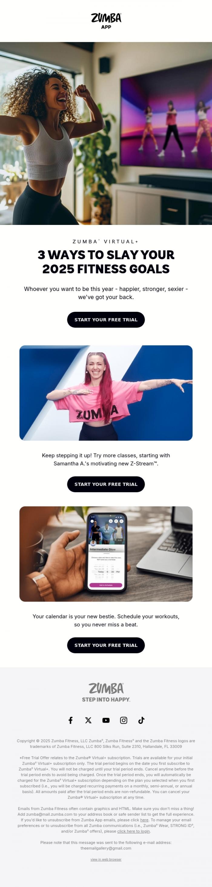 Email Design Inspiration from Zumba, 🎉 Hola, 2025! Here's 3 ways to HIIT your goals this year.