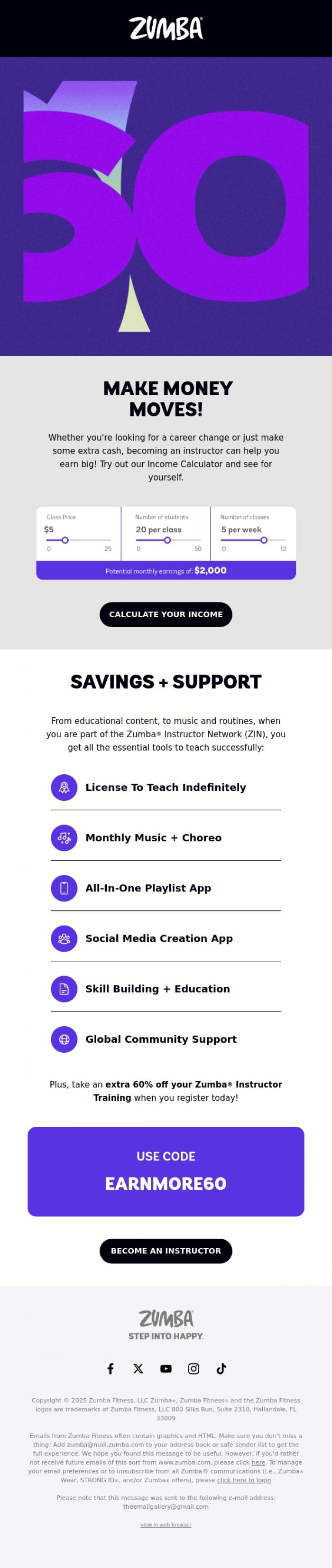 Email Design Inspiration from Zumba, 60% Off: Make Money Moves as a Zumba Instructor 💸😄
