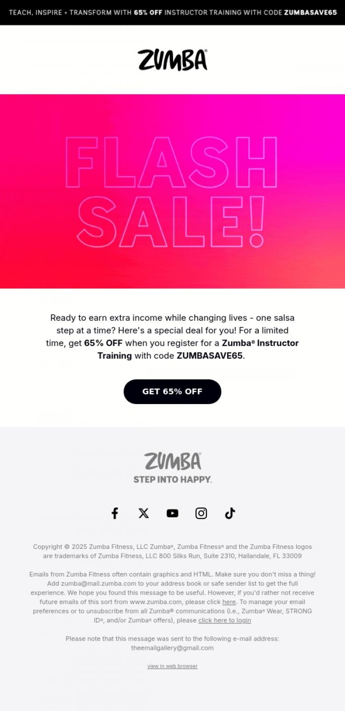 Email Design Inspiration from Zumba, Holiday Weekend Flash Sale ⚡ 65% OFF Instructor Training