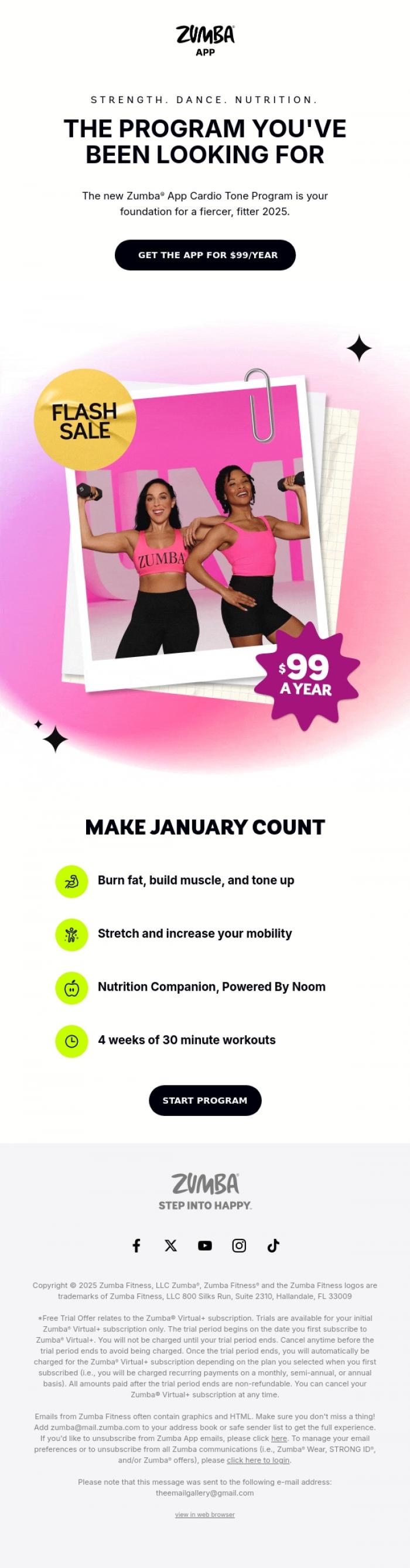 Email Design Inspiration from Zumba, Just $99! Set the Tone for the Year 💪