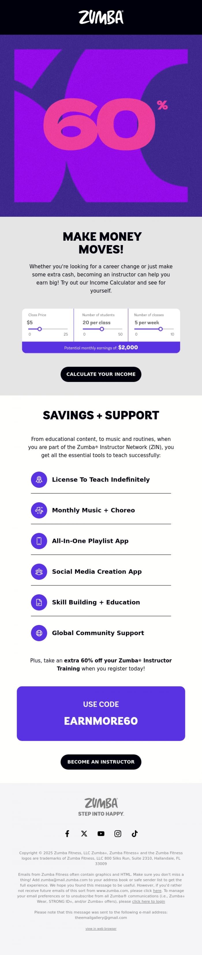 Email Design Inspiration from Zumba, 💸 I can earn HOW MUCH teaching Zumba?! 💸