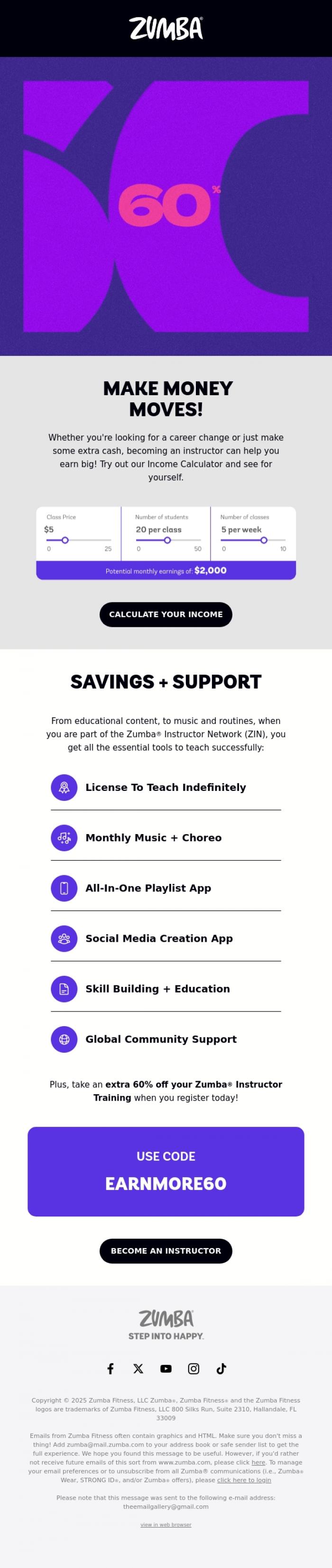 Email Design Inspiration from Zumba, Last chance: Kick off 2025 with 60% off your training ✨