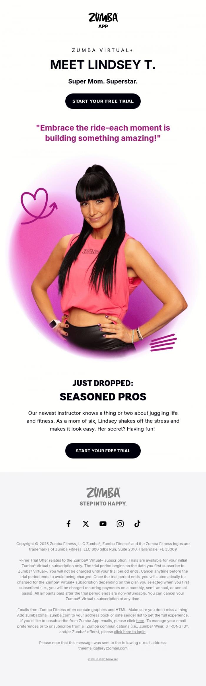 Email Design Inspiration from Zumba, 🔥 Keep it up - don't miss Lindsey's debut class! 💁🏻&zwj;♀️