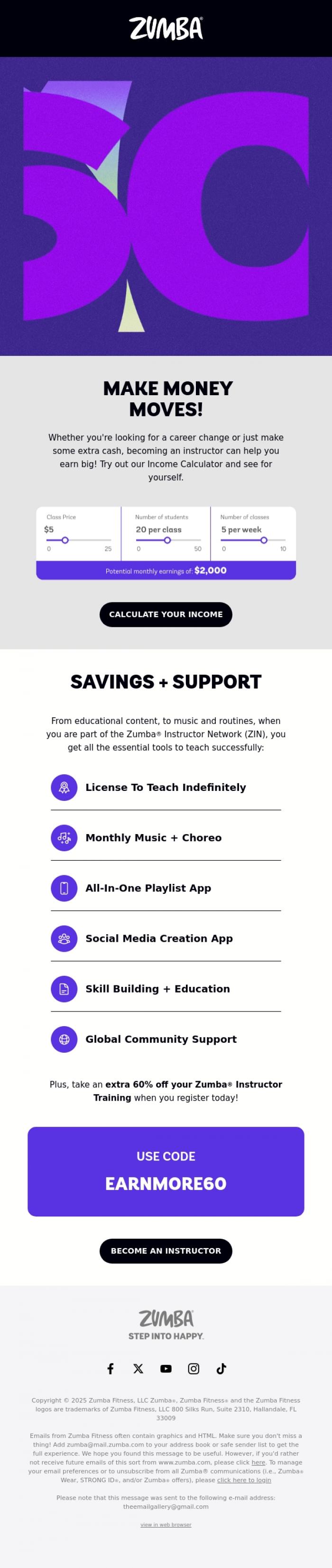 Email Design Inspiration from Zumba, ⏳ Tick-Tock: Save 60% and Start Earning as an Instructor!