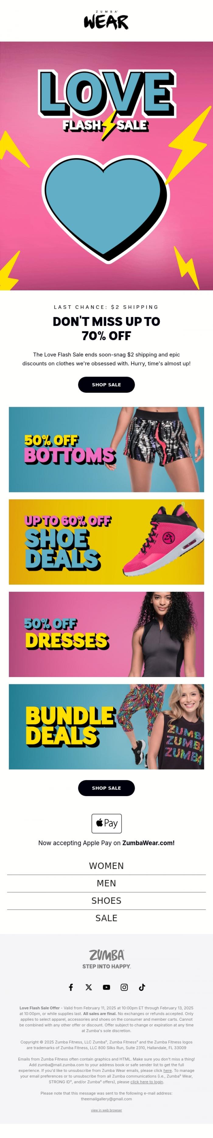 Email Design Inspiration from Zumba, ⏰ FINAL DAY! Up to 70% off activewear-shop now! 🛍️