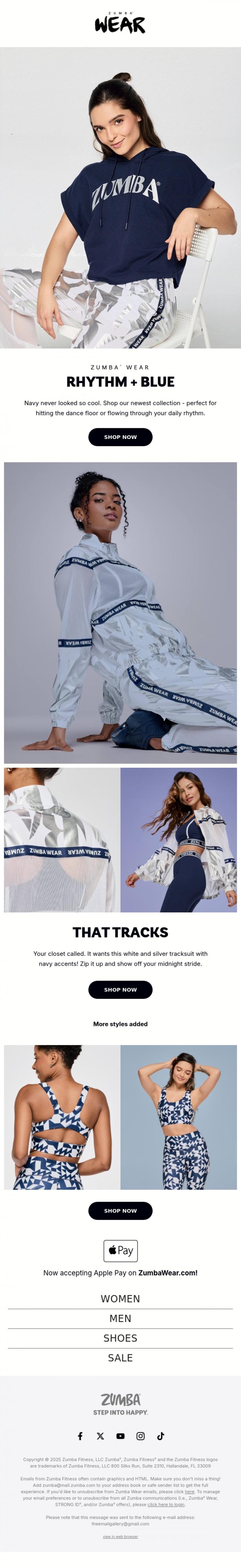 Email Design Inspiration from Zumba, NEW arrivals in navy just dropped. 💙🎉