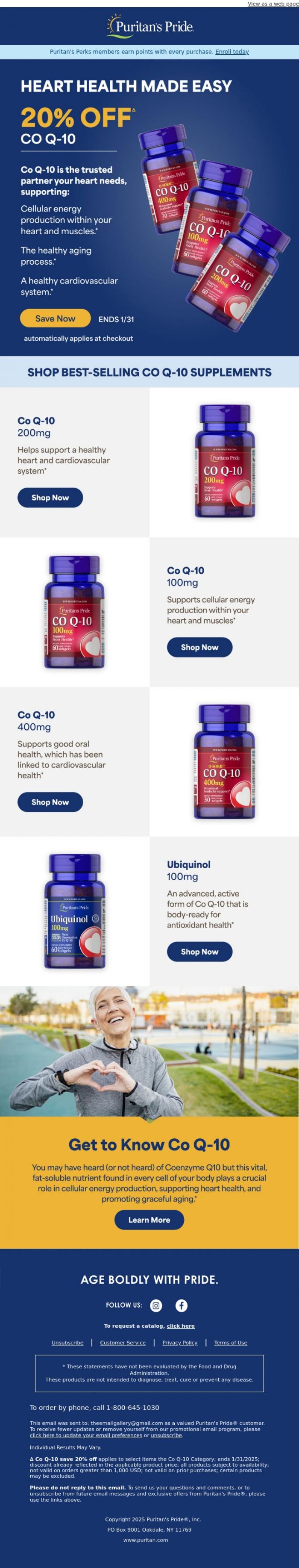 Email Design Inspiration from ☀ Puritan's Pride, Co Q-10 Heart Health Savings-20% Off